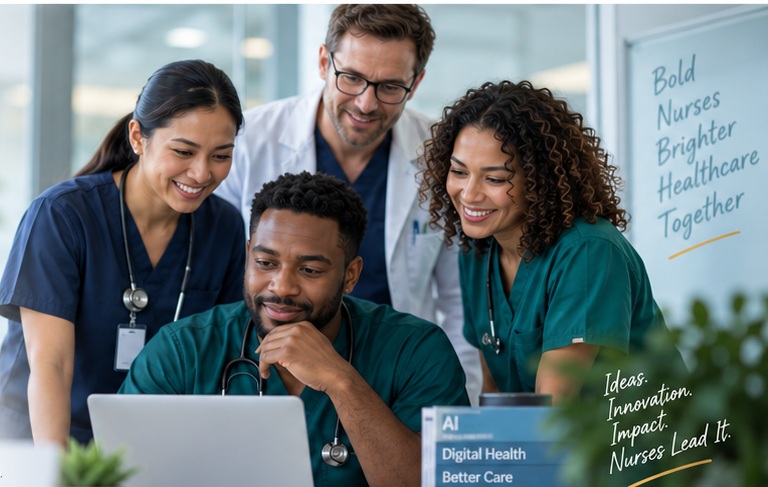 A diverse group of nurses collaborating around a laptop